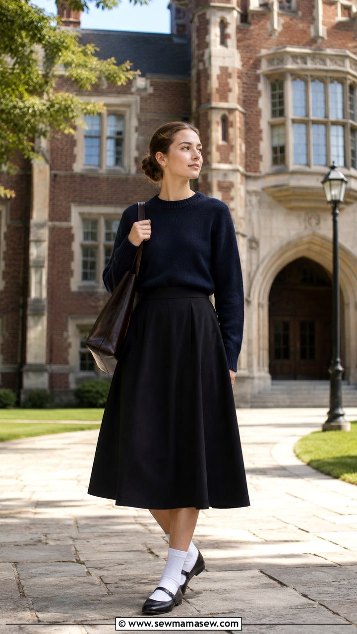 Navy knit with A line midi skirt and white socks - 25 Old money outfit ideas with Mary Jane flats