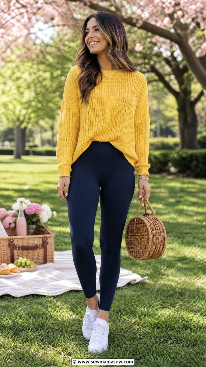Navy leggings with yellow sweater and white sneakers - 25 Spring outfits with leggings