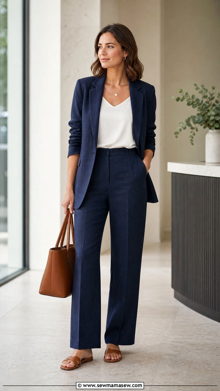 Navy linen trousers with matching linen blazer and flat sandals - 25 How to style linen pants in summer