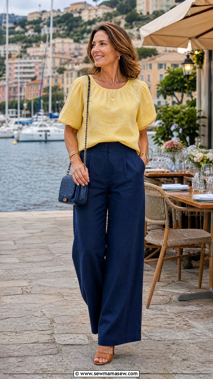 Navy linen wide leg trousers with a butter yellow puff sleeve top - 30 Elevated casual outfit ideas for women over 40