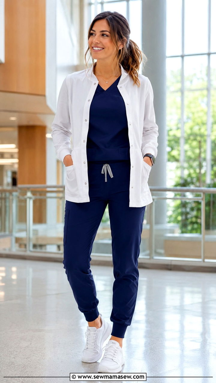 Navy matching scrub set with white jacket - 30 Spring nurse outfits