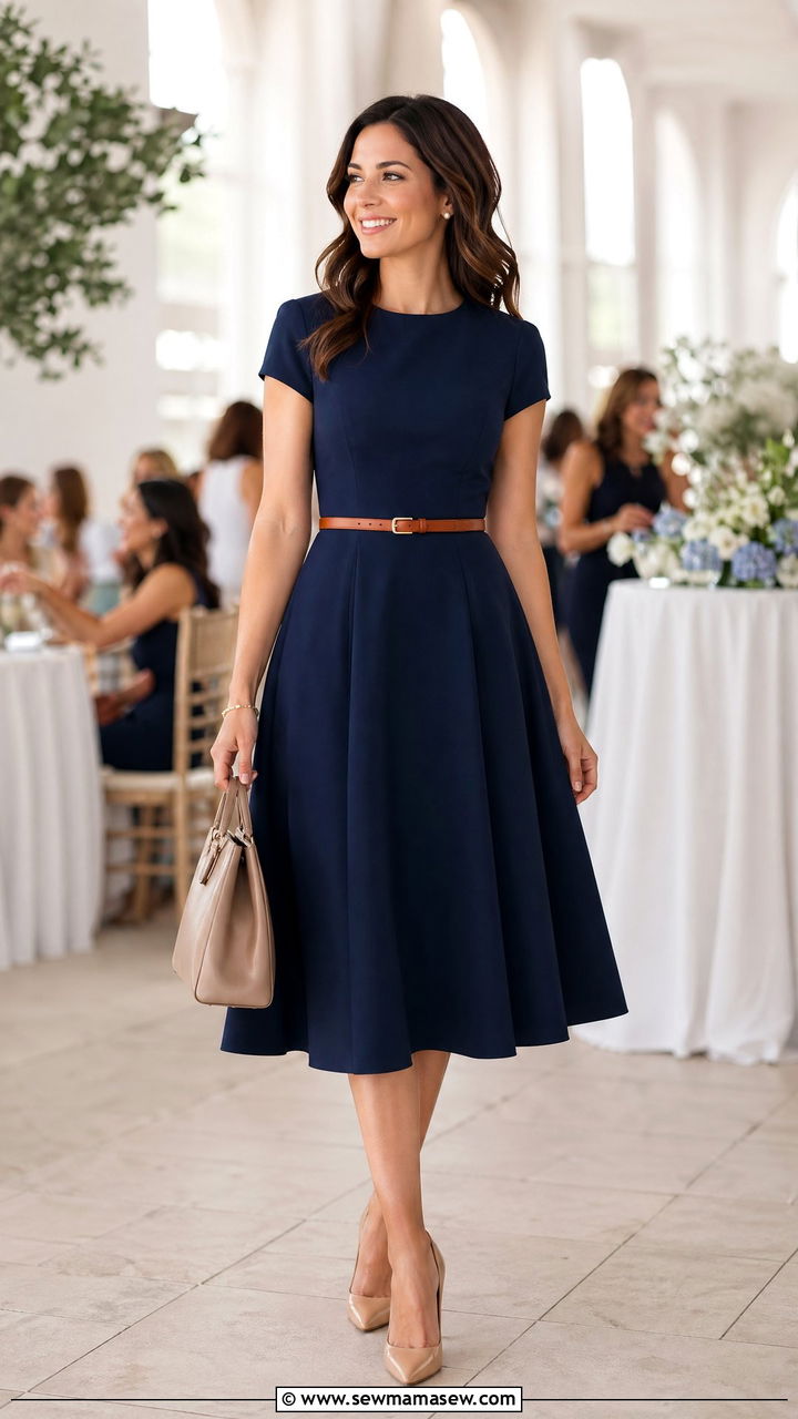 Navy midi dress with a belt and classic pumps - 35 elegant outfits for women