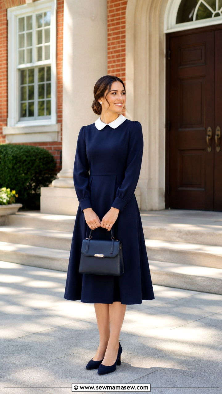 Navy midi dress with white collar detail - 30 modest job interview outfit ideas