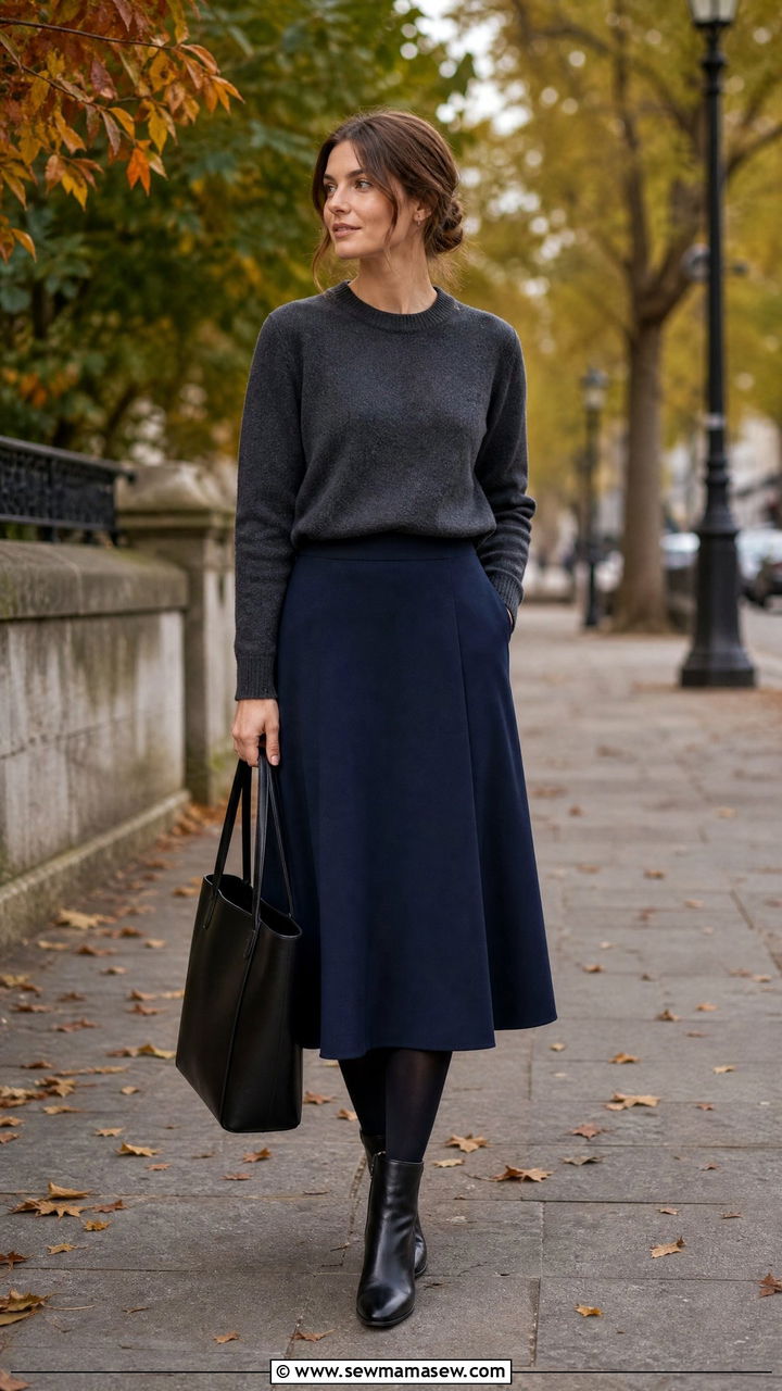Navy midi skirt with crewneck sweater - 35 Funeral outfit ideas for women