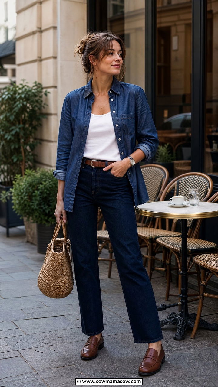 Navy monochrome denim outfit loafers - 30 French girl outfit ideas for brunch