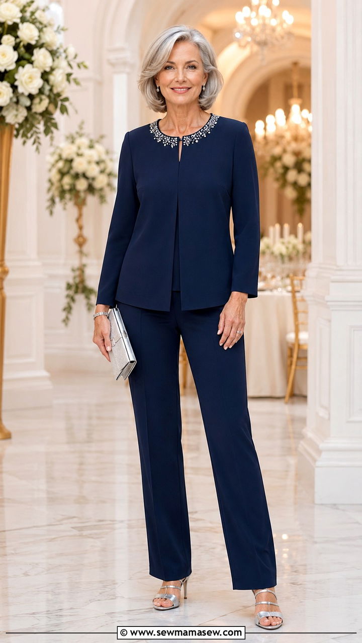 Navy pantsuit with embellished neckline - 25 Wedding guest outfit ideas for 60 year old