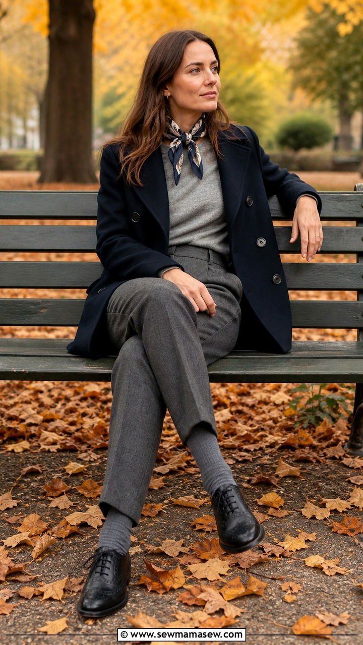 Navy pea coat and grey trousers outfit - 40 Paris outfits
