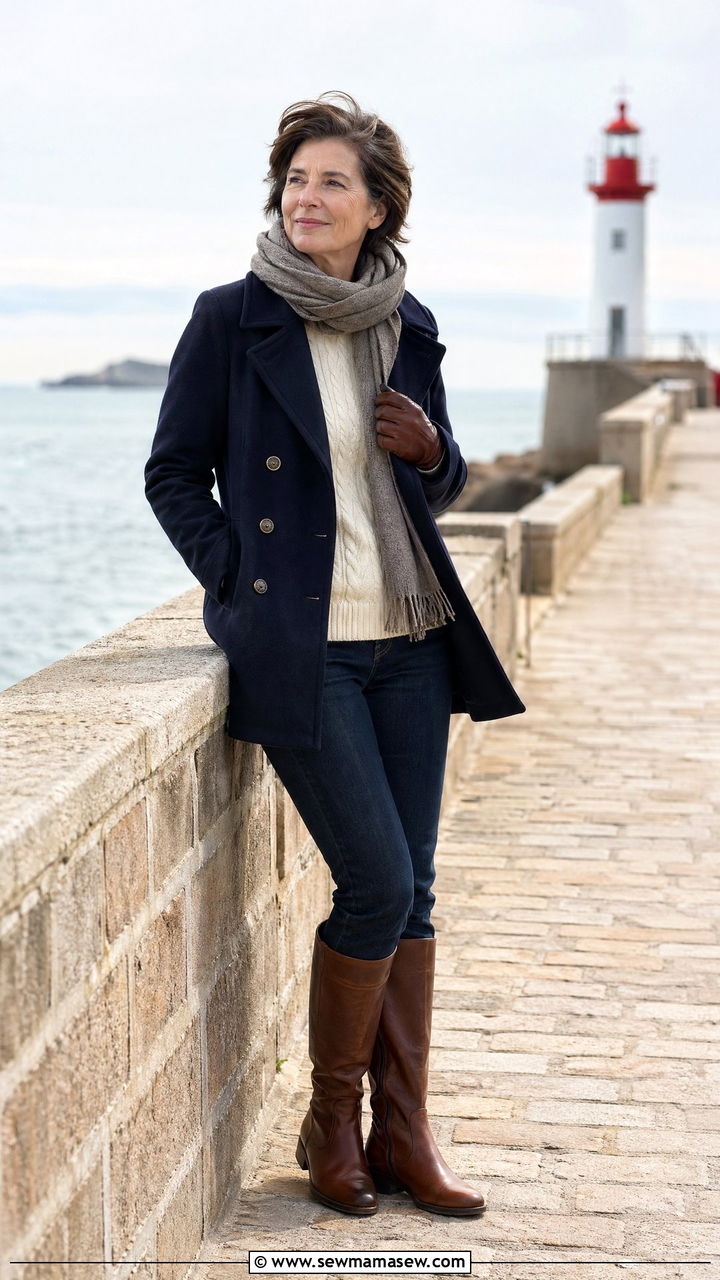 Navy pea coat with cream cable knit and straight leg jeans - 35 French girl outfit ideas for women over 50