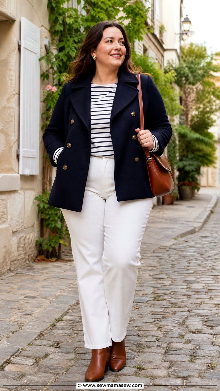 Navy peacoat with a striped top and white jeans - 30 Clean girl outfit ideas plus size