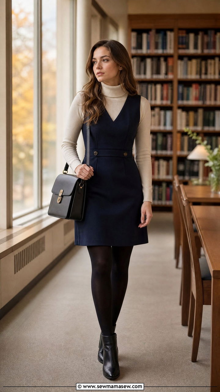 Navy pinafore dress layered over a turtleneck - 35 job interview outfit ideas for women
