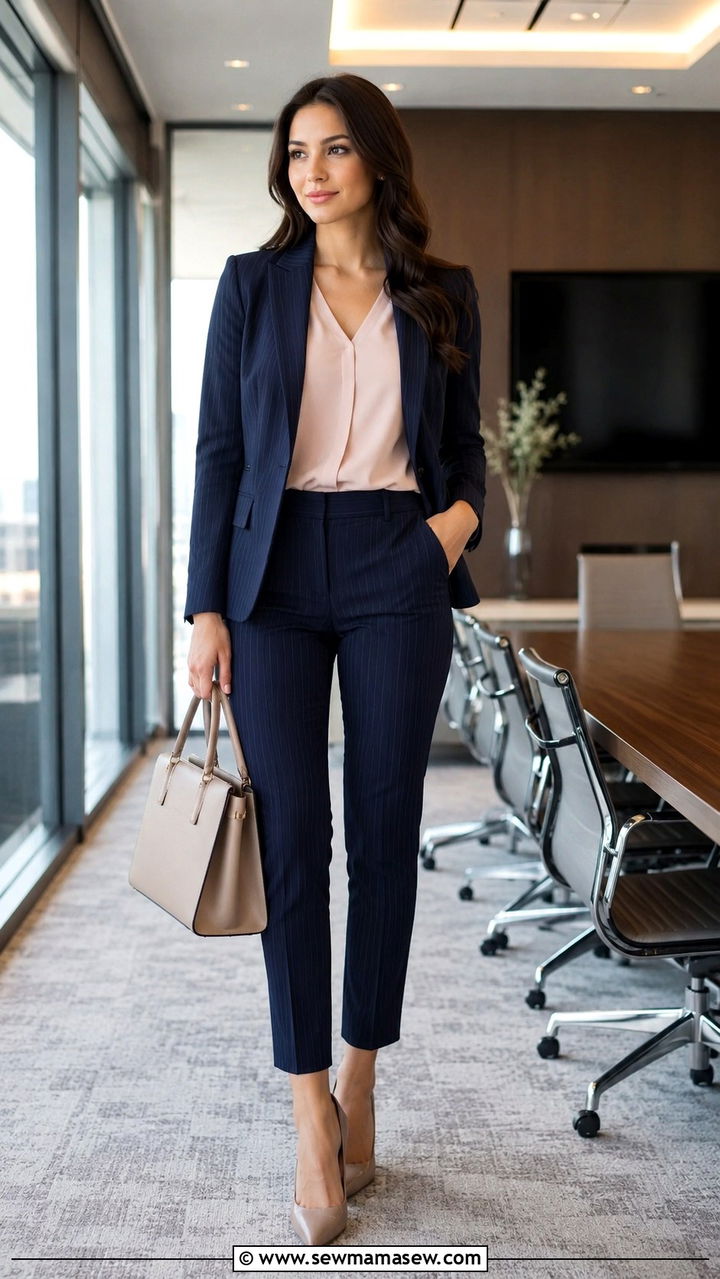 Navy pinstripe suit with blush blouse and taupe heels - 30 Legal intern outfit ideas