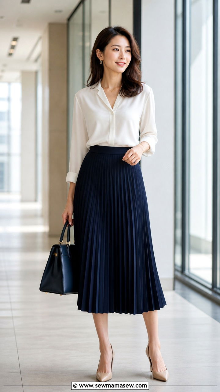 Navy pleated midi skirt with a tucked ivory blouse - 40 Chic work outfit ideas