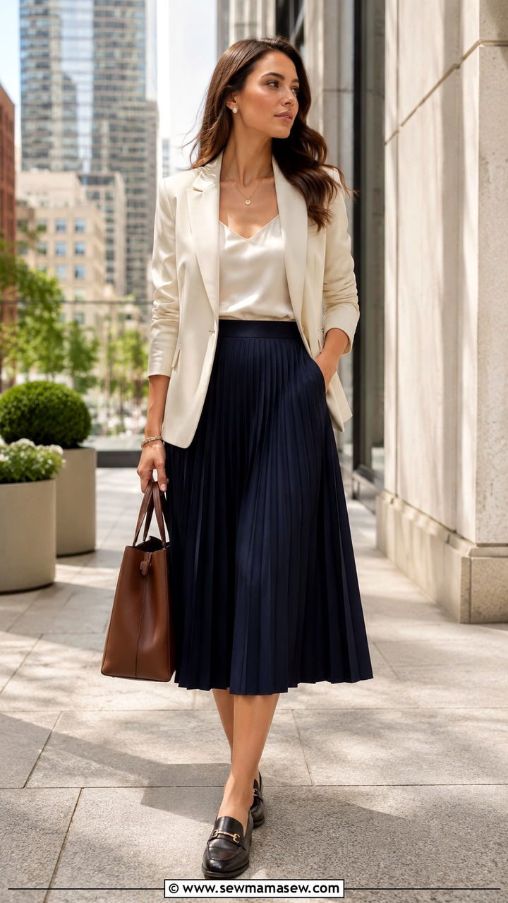Navy pleated skirt with blazer and loafers - 30 Spring outfits with pleated skirts