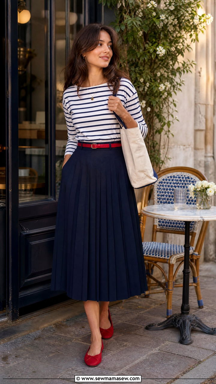 Navy pleated skirt with striped top outfit - 25 spring pleated skirt outfit ideas