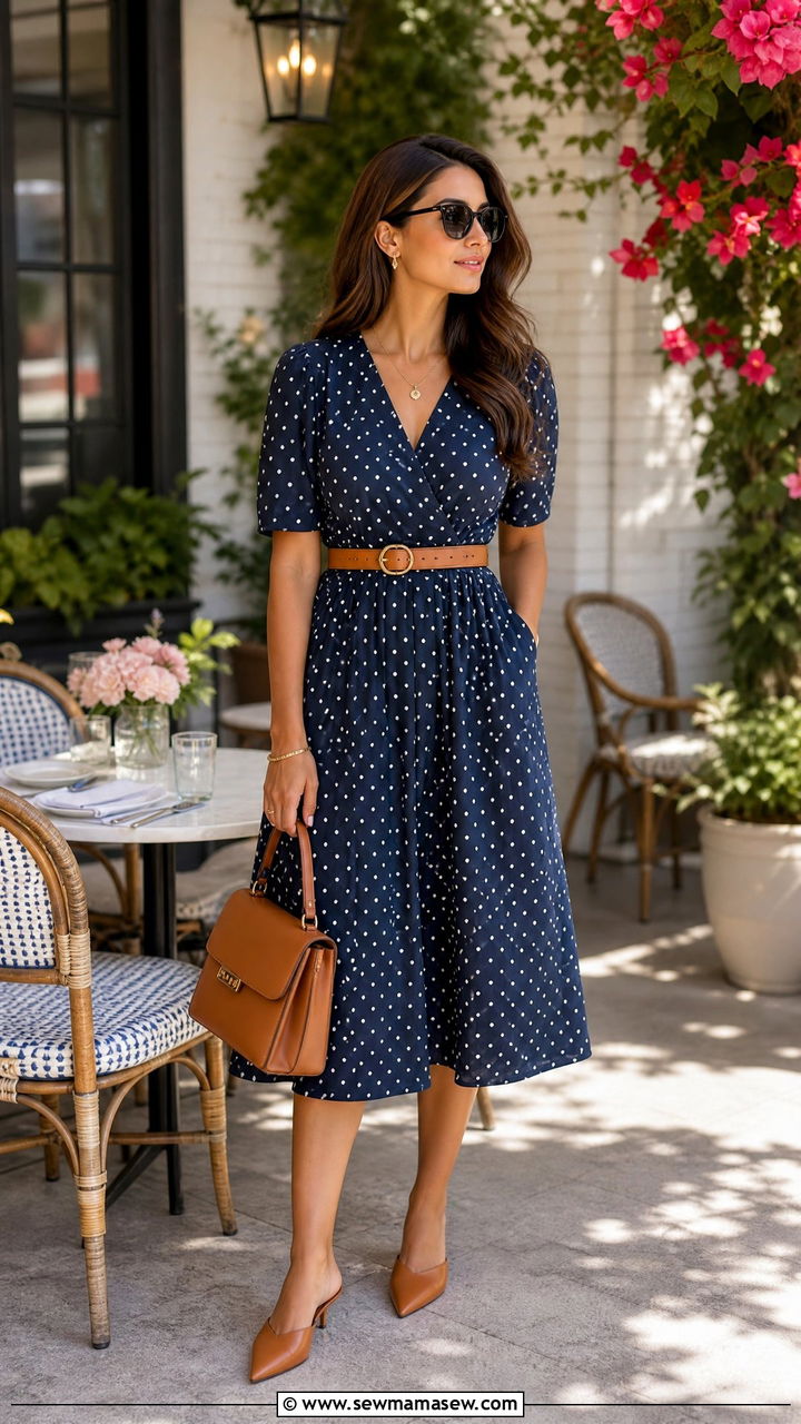 Navy polka dot dress with cognac leather accessories - 30 Polka dot dress outfit ideas