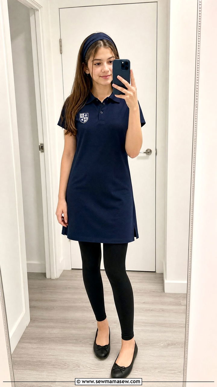 Navy polo tunic with leggings and ballet flats - 25 Catholic school outfit ideas teens