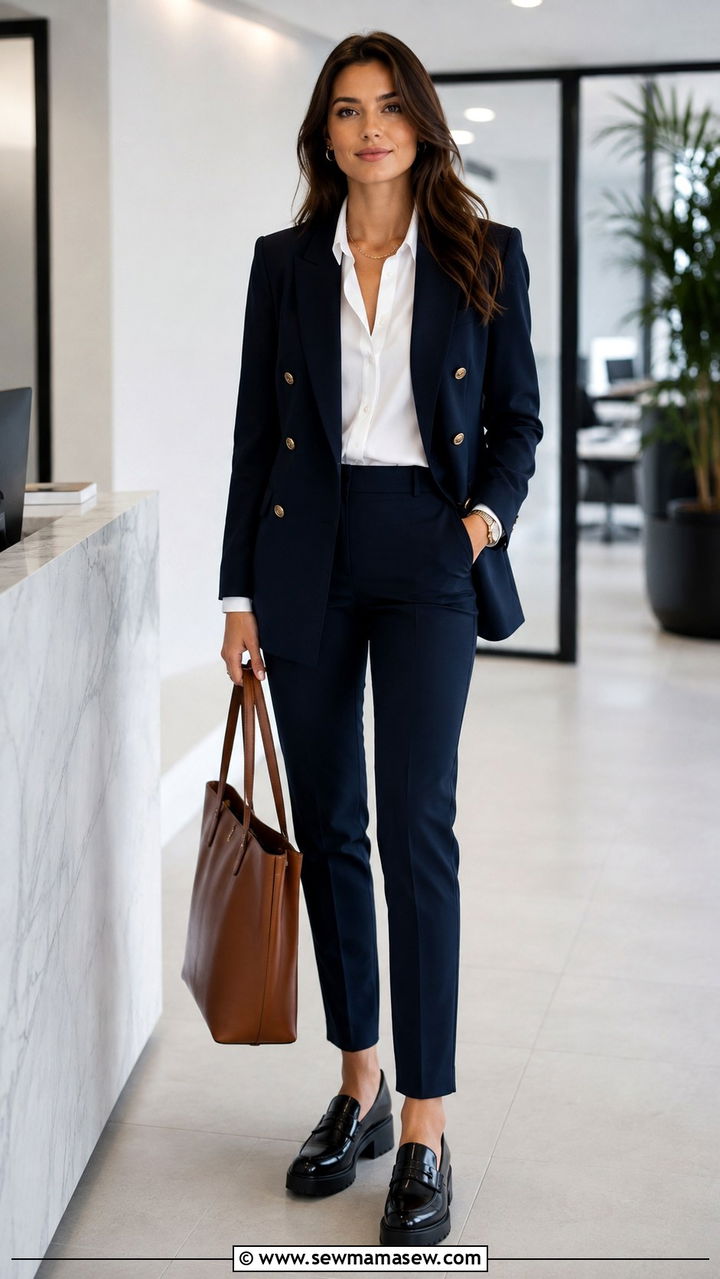 Navy power suit with white blouse office outfit - 25 seasonal office outfit ideas