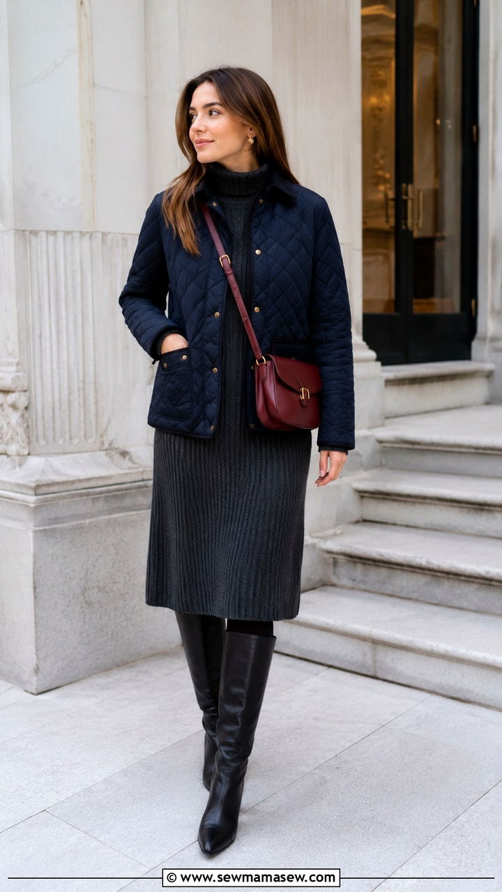 Navy quilted jacket over a knit dress - 25 Old money outfit ideas with quilted jacket