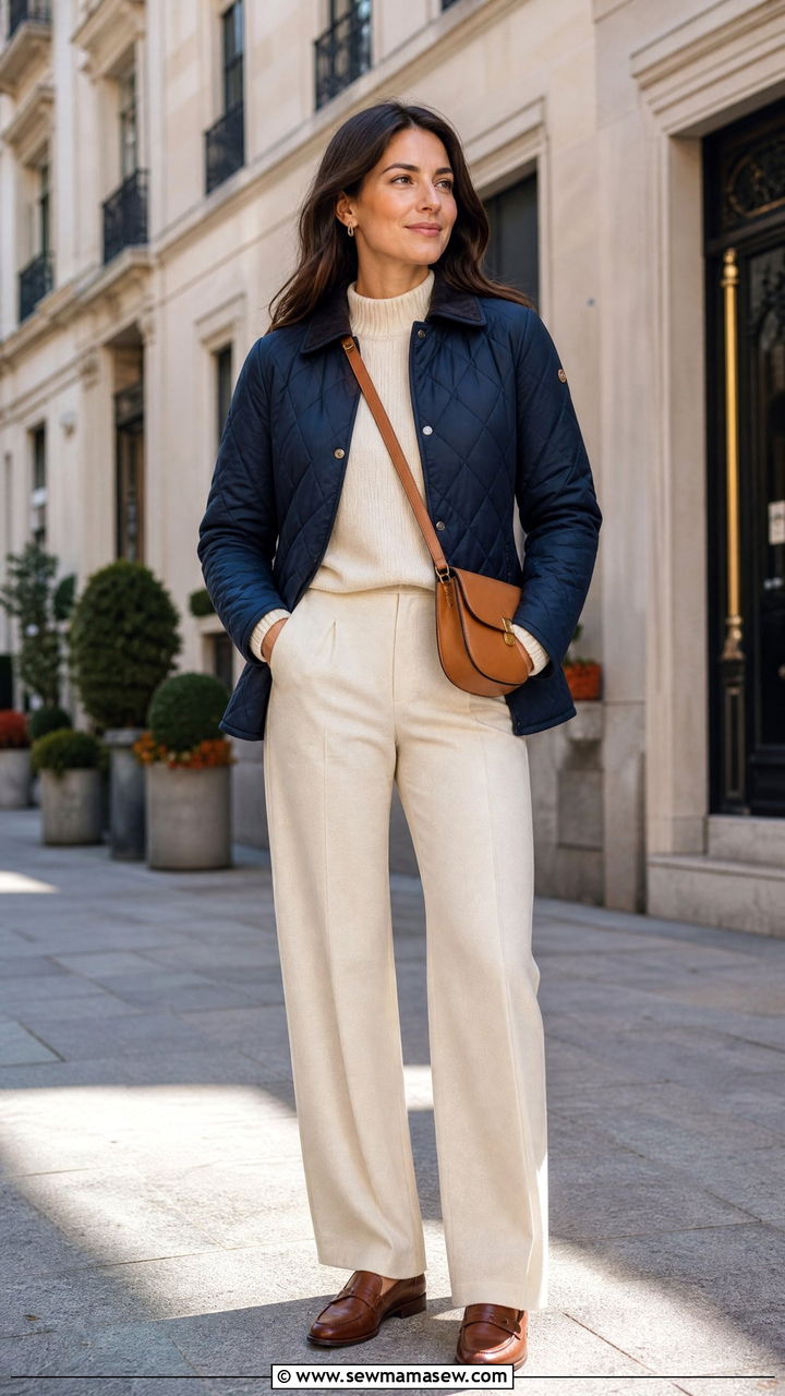 Navy quilted jacket with cream trousers - 25 Old money outfit ideas with quilted jacket