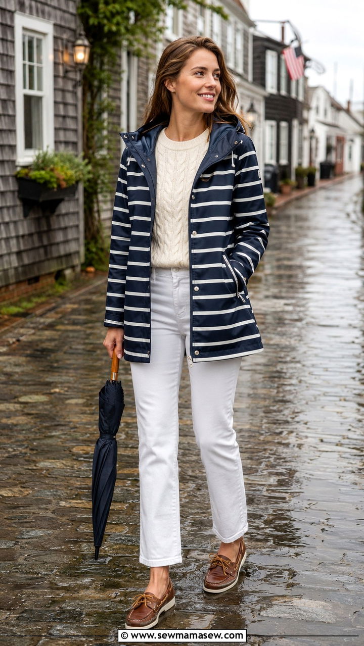 Navy rain jacket with boat shoes outfit - 30 Nantucket outfit ideas