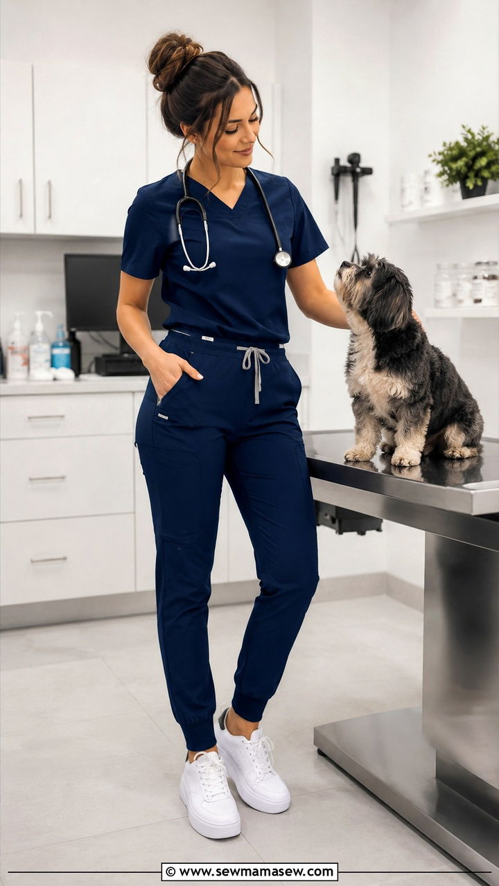 Navy scrub set with white trainers - 25 Vet tech outfit ideas