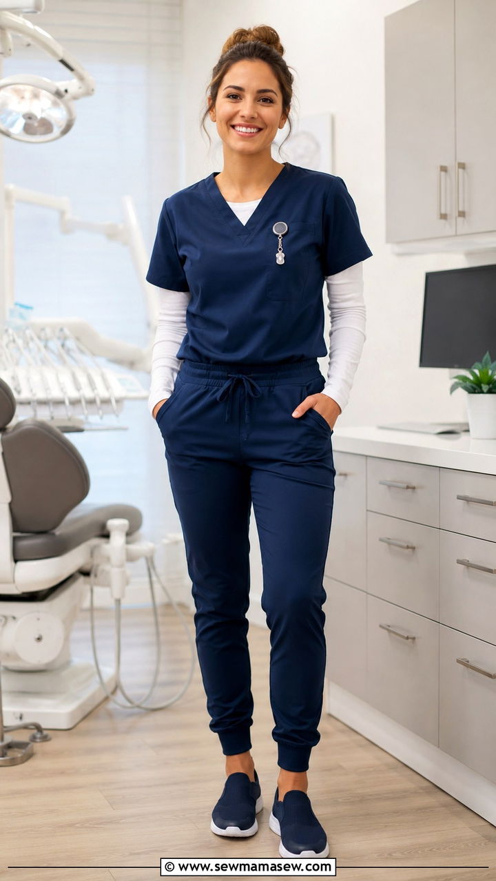 Navy scrub with long sleeve undershirt - 30 Dental hygienist outfit ideas