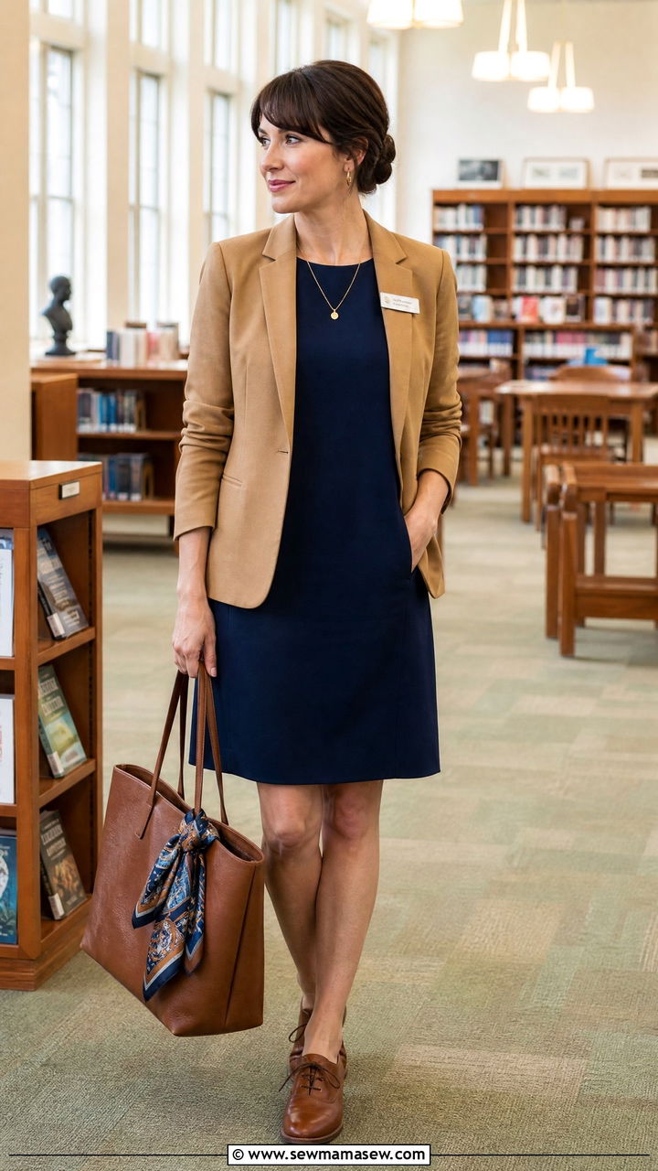 Navy shift dress with a structured blazer and oxford shoes - 35 Librarian outfit ideas for work