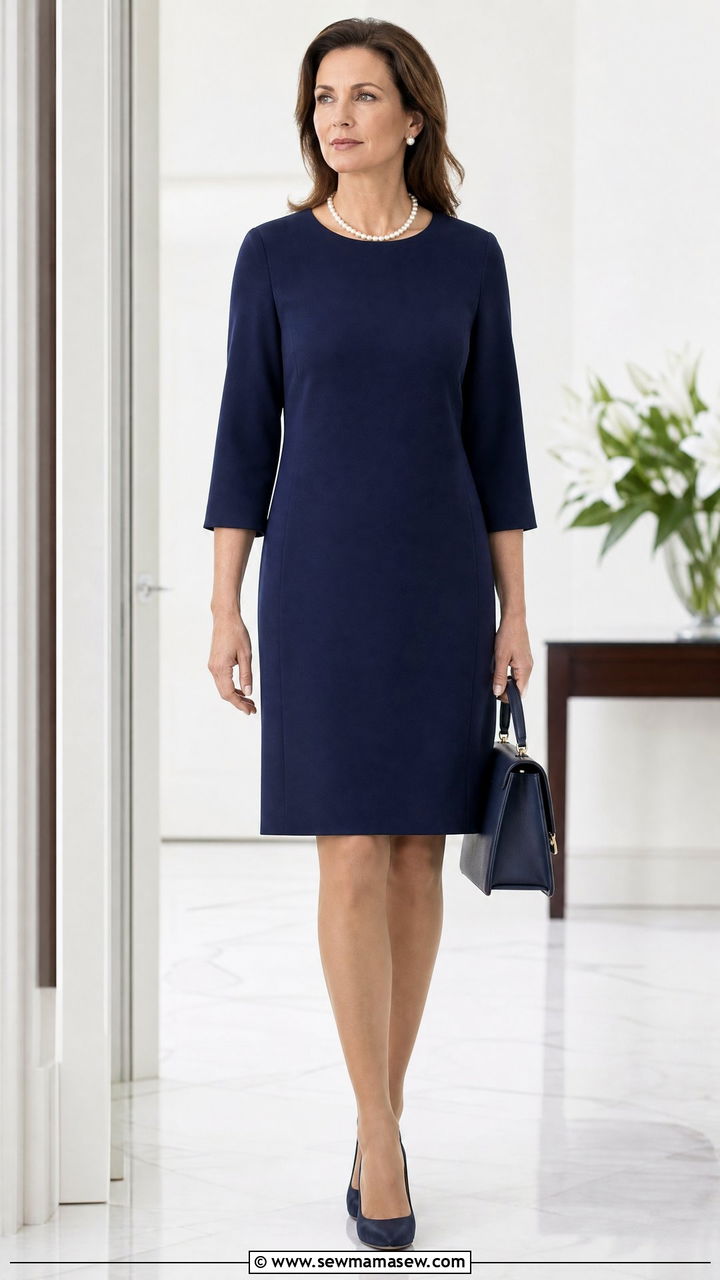 Navy shift dress with pearls - 35 Funeral outfit ideas for women