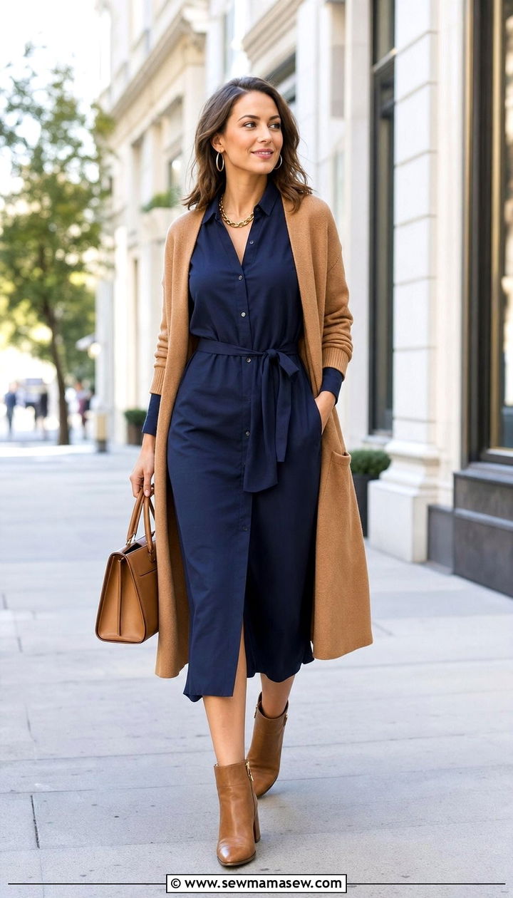 Navy shirt dress with camel cardigan - 25 Shirt dress outfit ideas with a cardigan