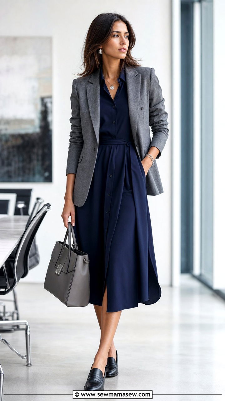 Navy shirt dress with grey blazer - 25 Shirt dress outfit ideas with a blazer