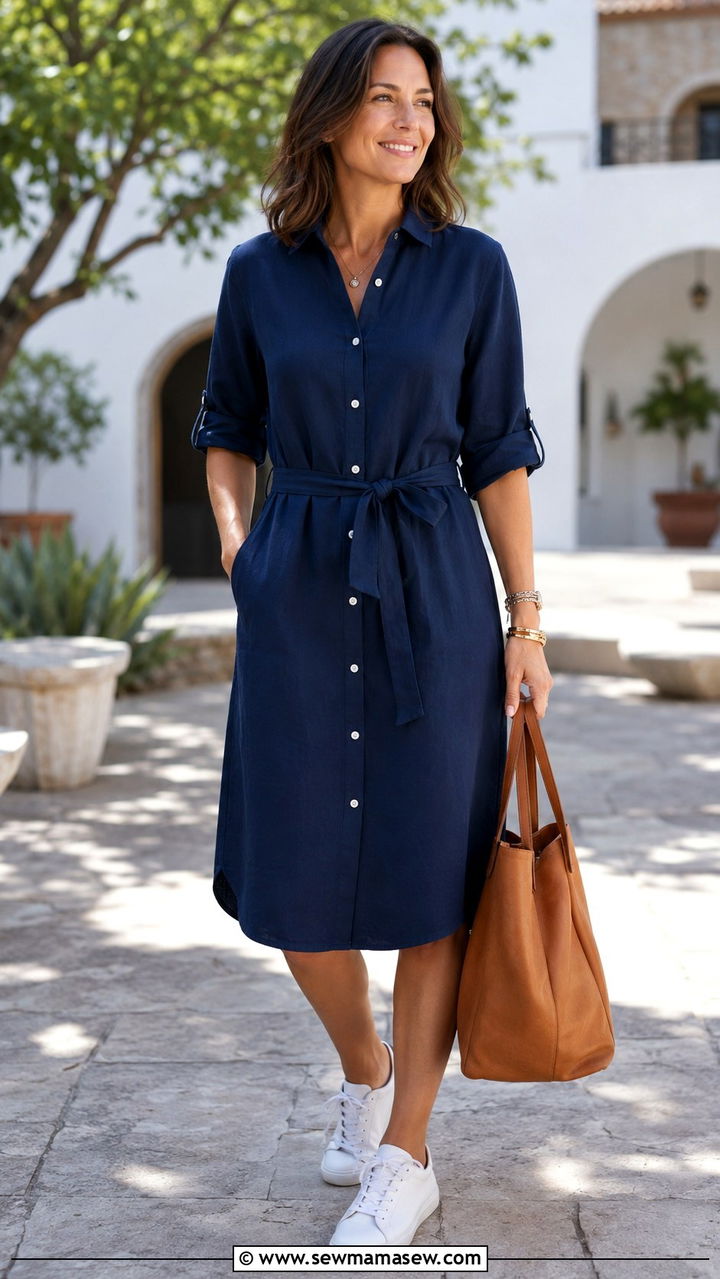 Navy shirtdress with white sneakers and a tote outfit - 30 Outfit ideas for women over 40 errands
