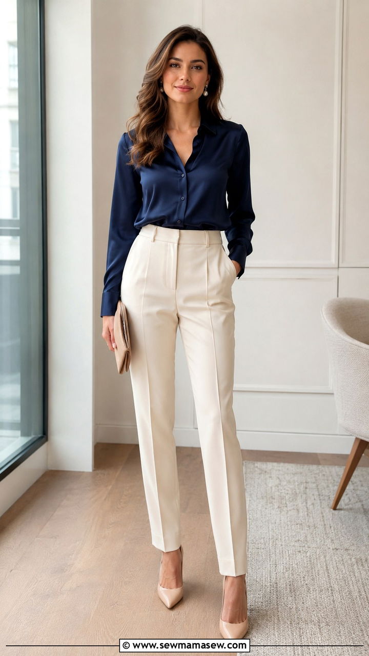 Navy silk blouse with cream tailored trousers - 30 Office party outfit ideas