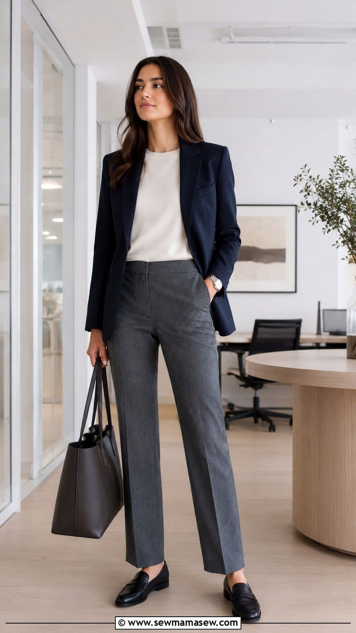 Navy single breasted blazer with grey wool straight leg trousers - 20 Quiet luxury Loro Piana dupes outfit ideas