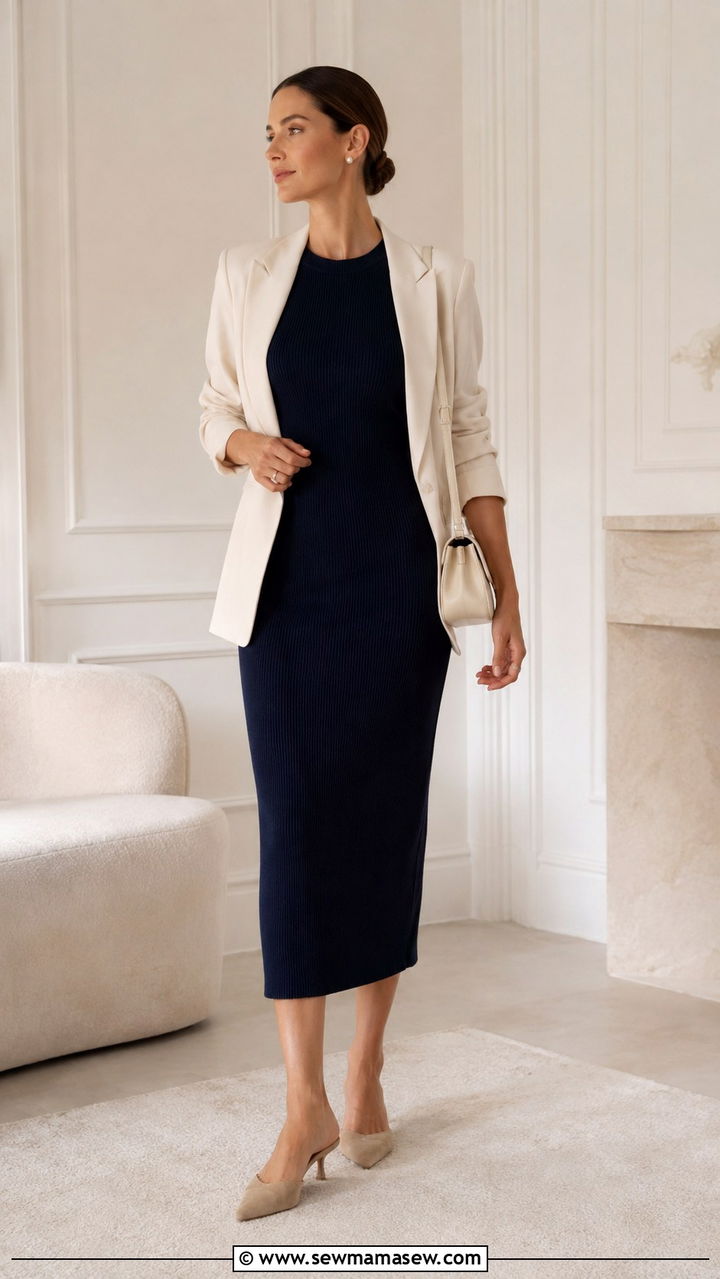 Navy sleeveless knit midi dress with cream blazer - 20 Quiet luxury Loro Piana dupes outfit ideas