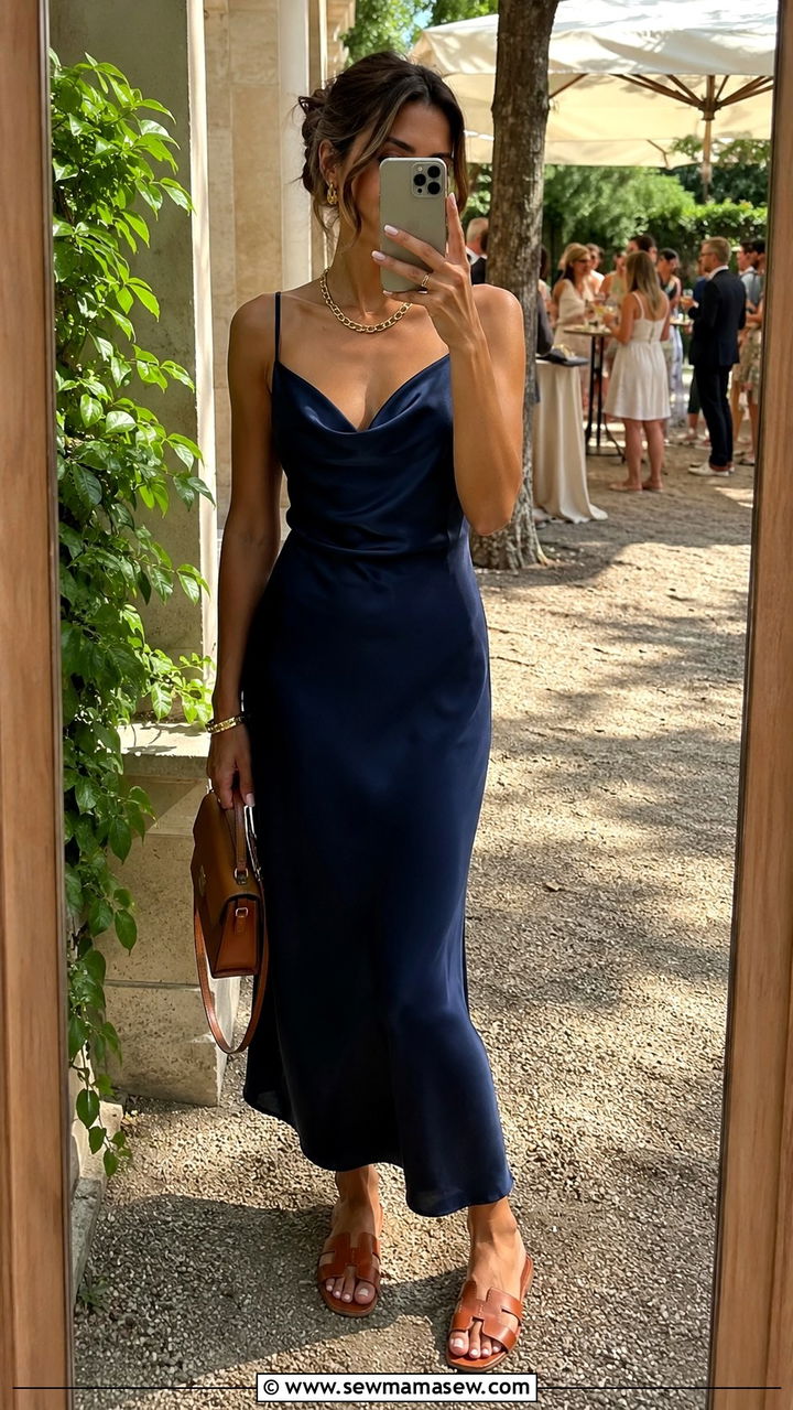 Navy slip dress with leather sandals outfit - 30 Old money outfit ideas 2026