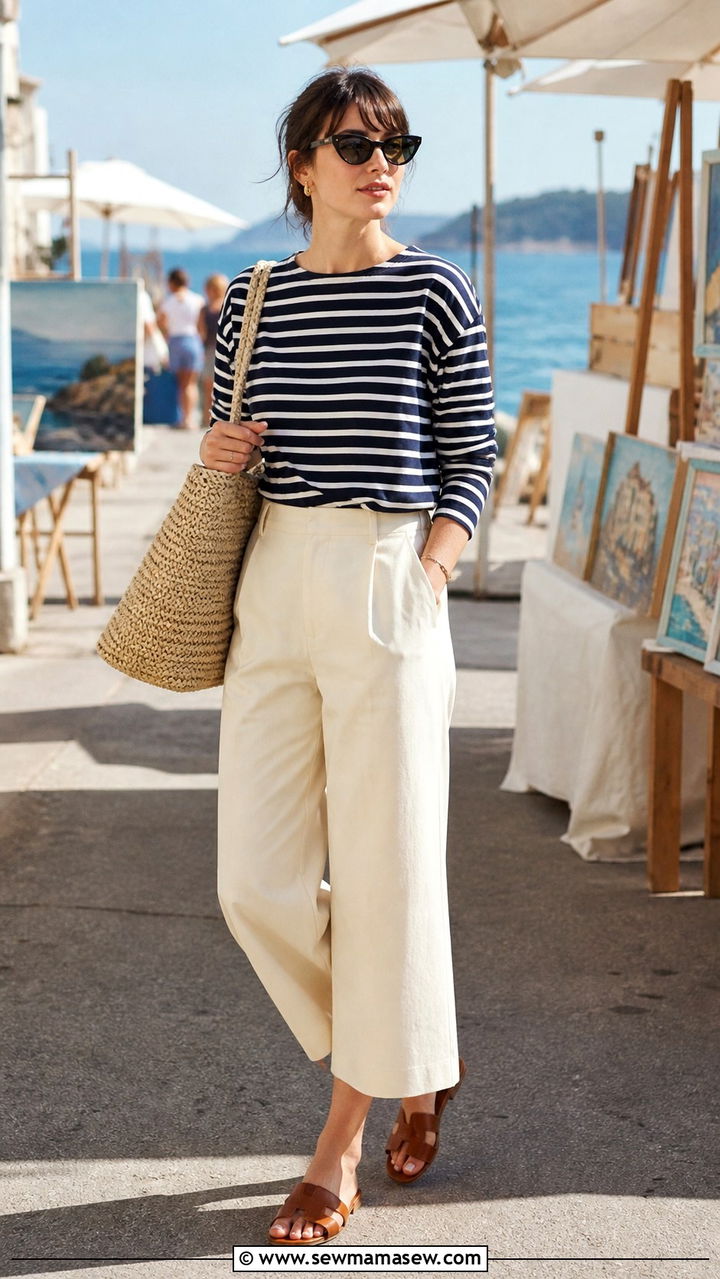 Navy striped long sleeve tee with cream wide leg cropped pants - 40 Coastal spring outfits
