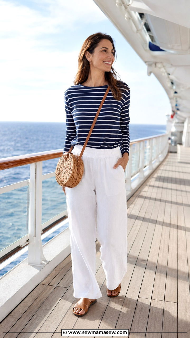 Navy striped long sleeve tee with white wide leg linen pants outfit - 30 Small ship cruise outfit ideas