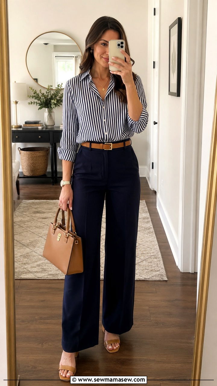 Navy suit pants with striped blouse - 30 Spring outfit ideas for realtor