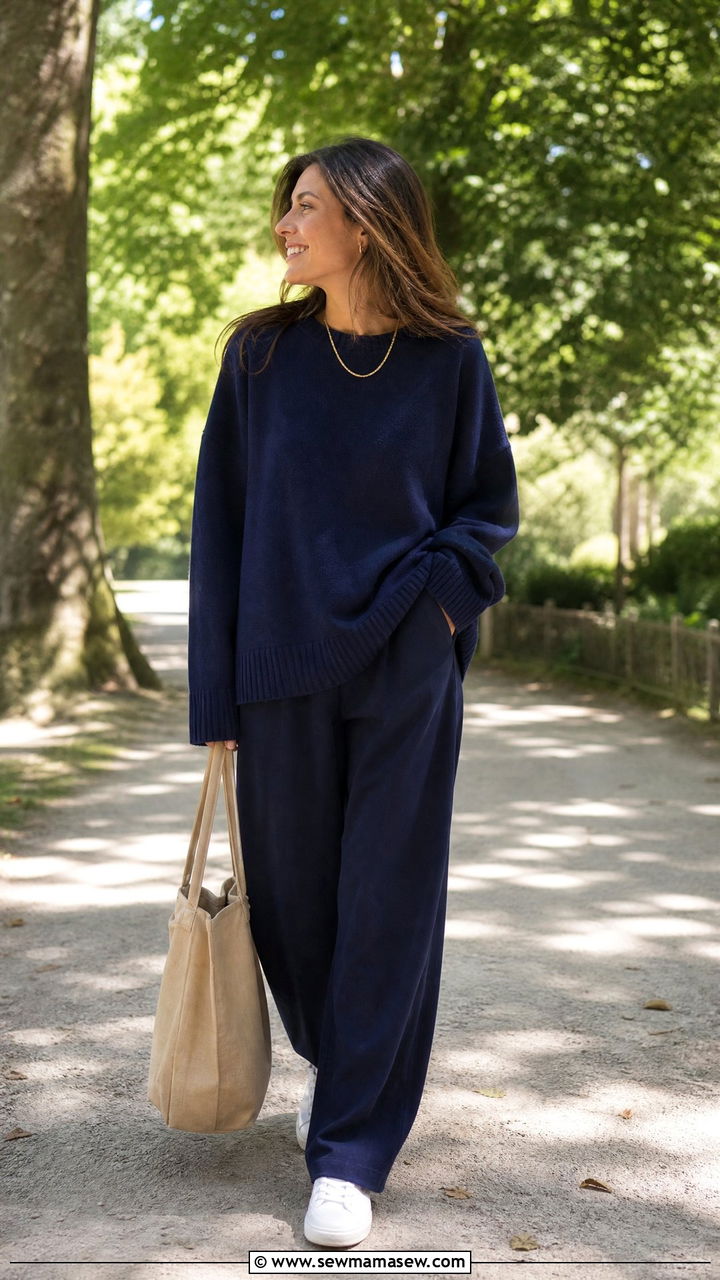 Navy sweater and matching wide leg trousers - 25 Outfit ideas to look taller