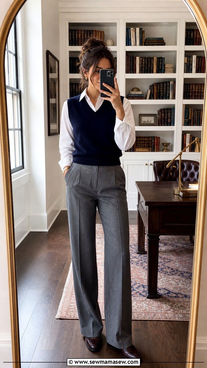 Navy sweater vest layered over white shirt with gray trousers outfit - 40 New job outfit ideas