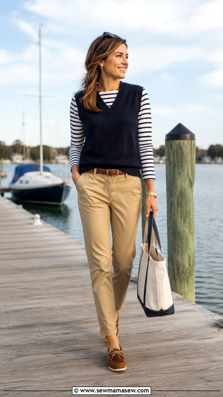 Navy sweater vest with striped shirt and chinos - 25 Old money outfit ideas with sweater vest