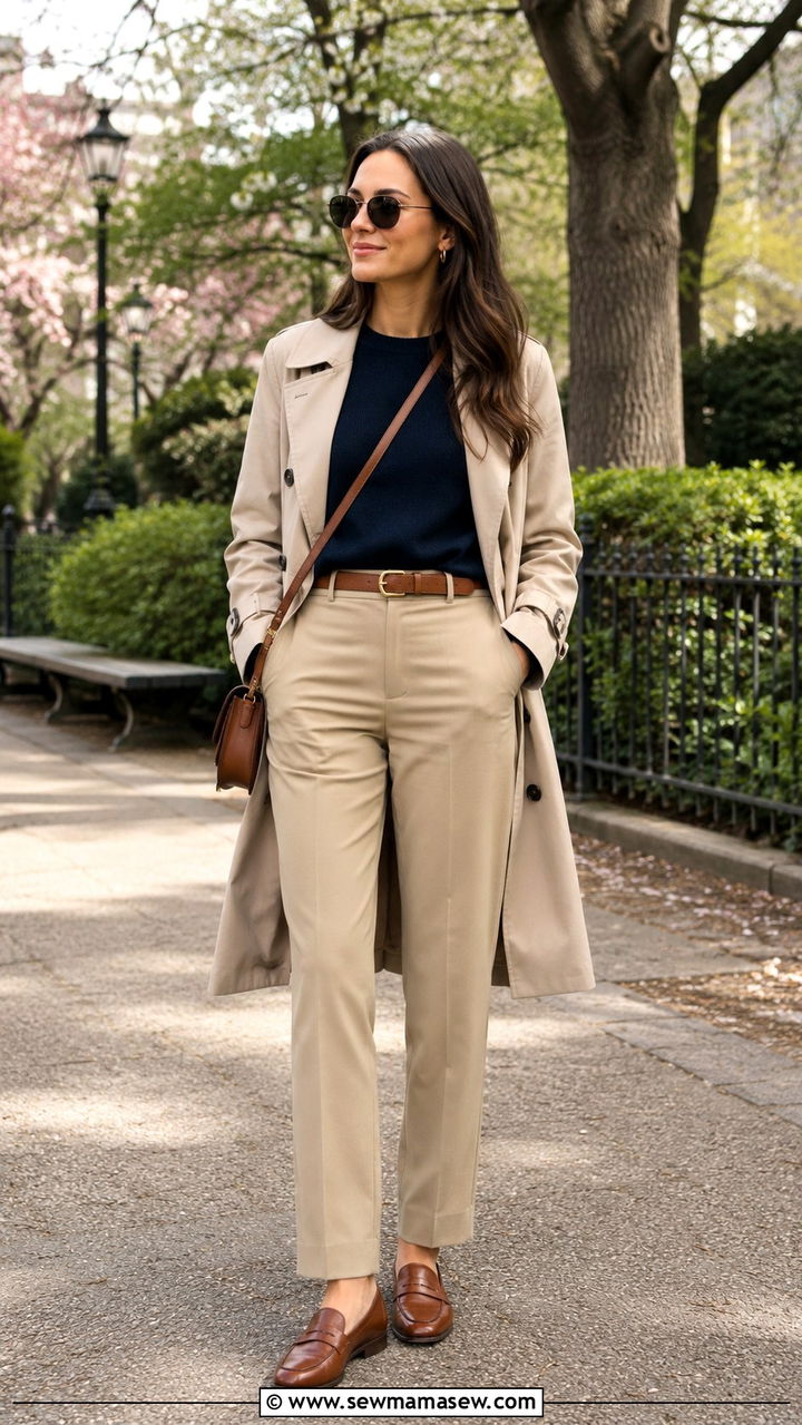 Navy sweater with khaki trousers and brown loafers - 30 Sweater outfit ideas for work