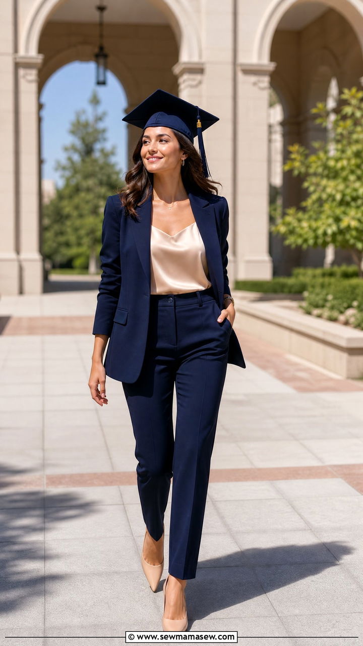 Navy tailored pantsuit with pointed toe pumps - 30 Engineering graduation outfit ideas