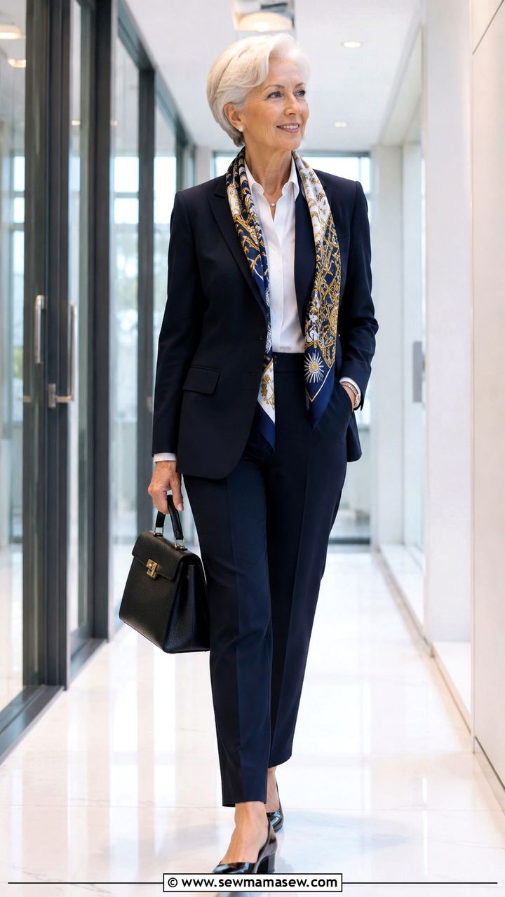 Navy tailored pantsuit with printed silk scarf - 20 Christine Lagarde style outfit ideas