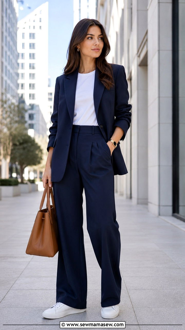 Navy tailored suit with white sneakers - 30 minimalist outfits for women
