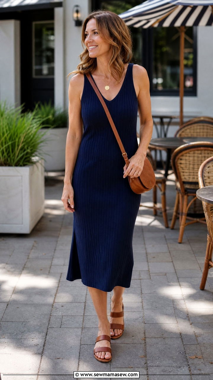 Navy tank midi dress and crossbody bag - 30 Summer capsule wardrobe over 40