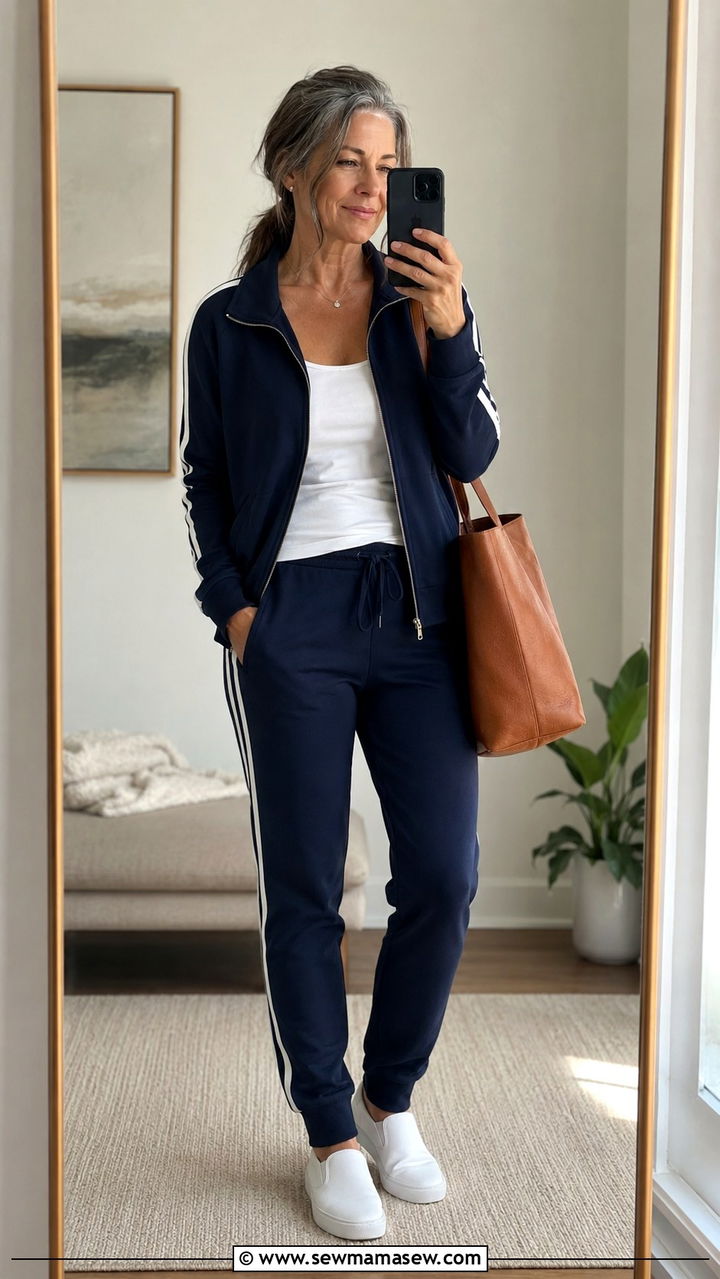 Navy tracksuit with white stripes and slip on sneakers - 25 Athleisure outfit ideas for women over 50