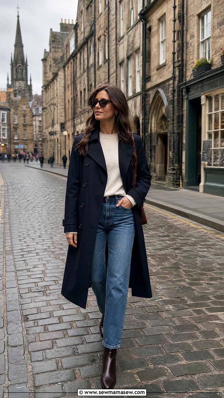 Navy trench coat and straight leg jeans - 30 Edinburgh outfit ideas