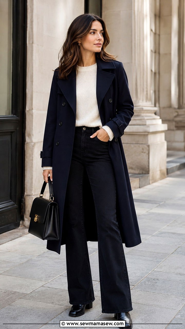Navy trench coat with bootcut jeans outfit - 25 Bootcut jeans outfit ideas with a trench coat