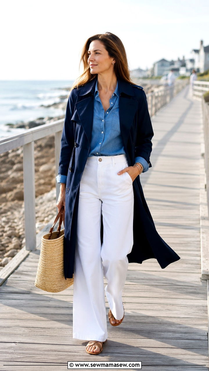 Navy trench coat with chambray shirt and white wide leg pants - 30 Spring outfits with trench coat